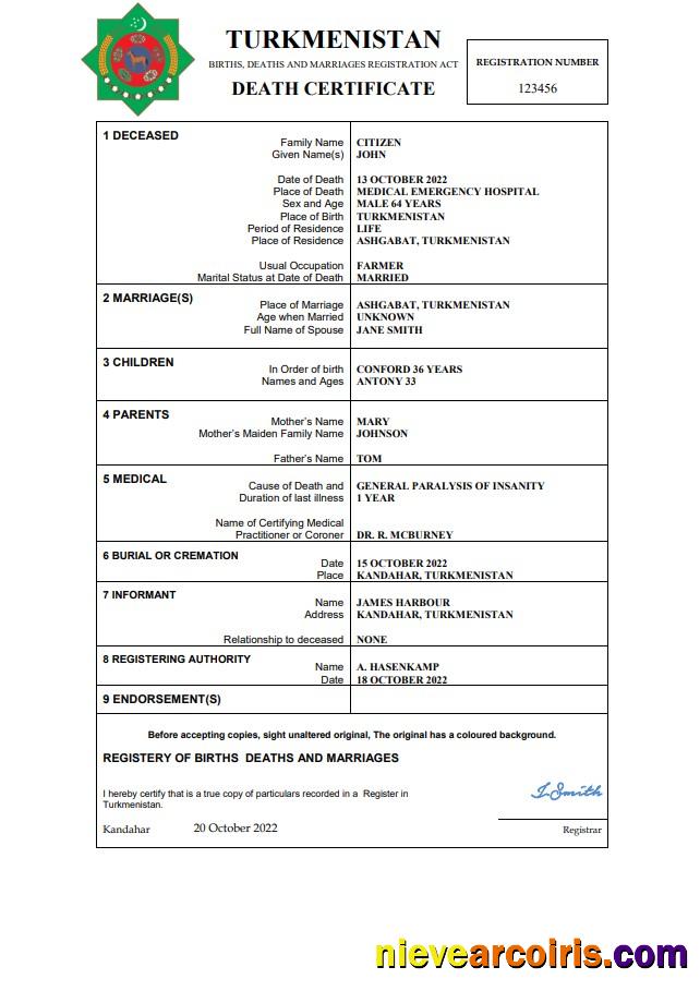 Turkmenistan death certificate